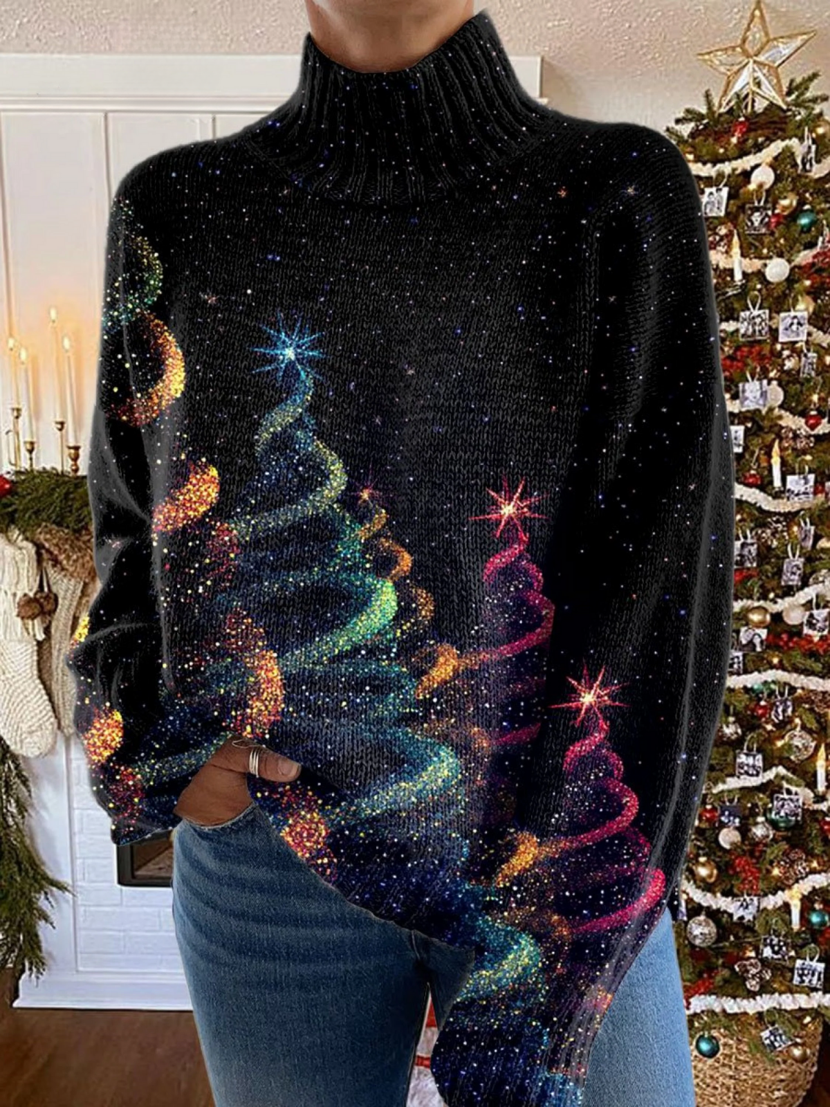 Poppy - Glitrende Juletræ Rullekrave Sweater